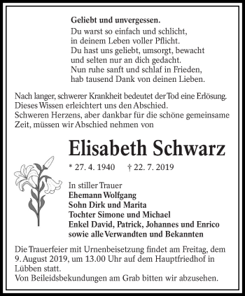 Traueranzeige von Elisabeth Schwarz von lausitzer_rundschau