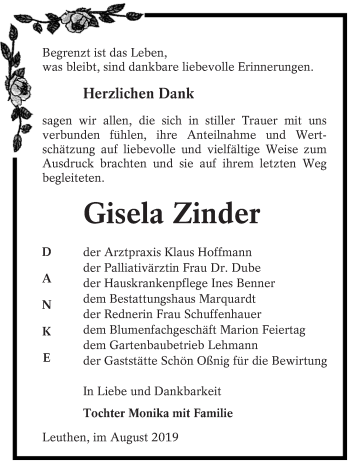 Traueranzeige von Gisela Zinder von lausitzer_rundschau