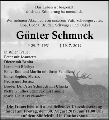 Traueranzeige von Günter Schmuck von lausitzer_rundschau