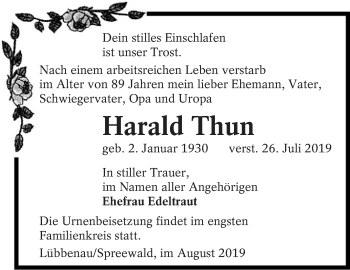 Traueranzeige von Harald Thun von lausitzer_rundschau