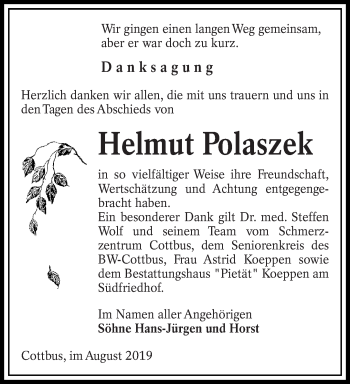 Traueranzeige von Helmut Polaszek von lausitzer_rundschau