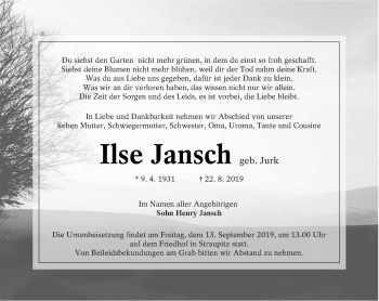 Traueranzeige von Ilse Jansch von lausitzer_rundschau