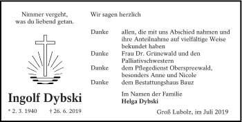 Traueranzeige von Ingolf Dybski von lausitzer_rundschau