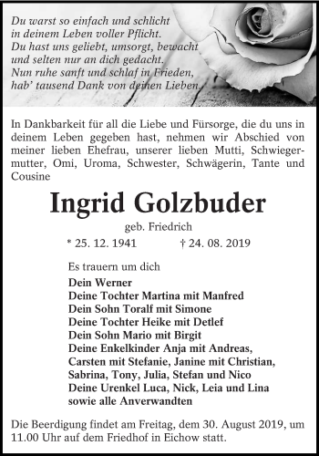 Traueranzeige von Ingrid Golzbuder von lausitzer_rundschau