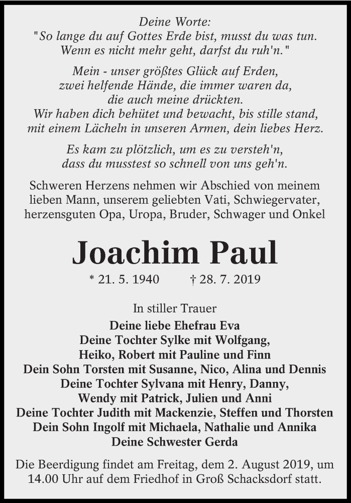 Traueranzeige für Joachim Paul vom 31.07.2019 aus lausitzer_rundschau