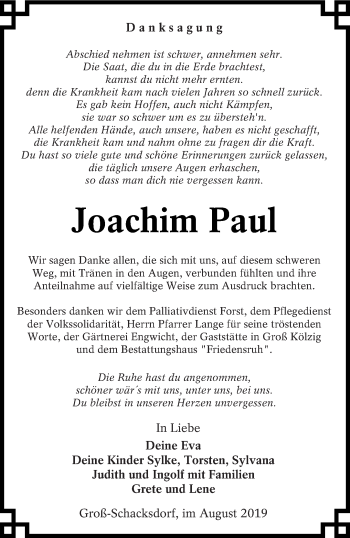 Traueranzeige von Joachim Paul von lausitzer_rundschau