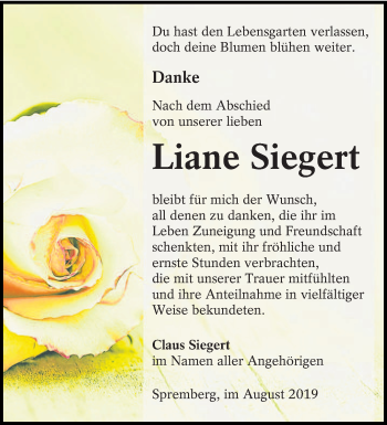 Traueranzeige von Liane Siegert von lausitzer_rundschau