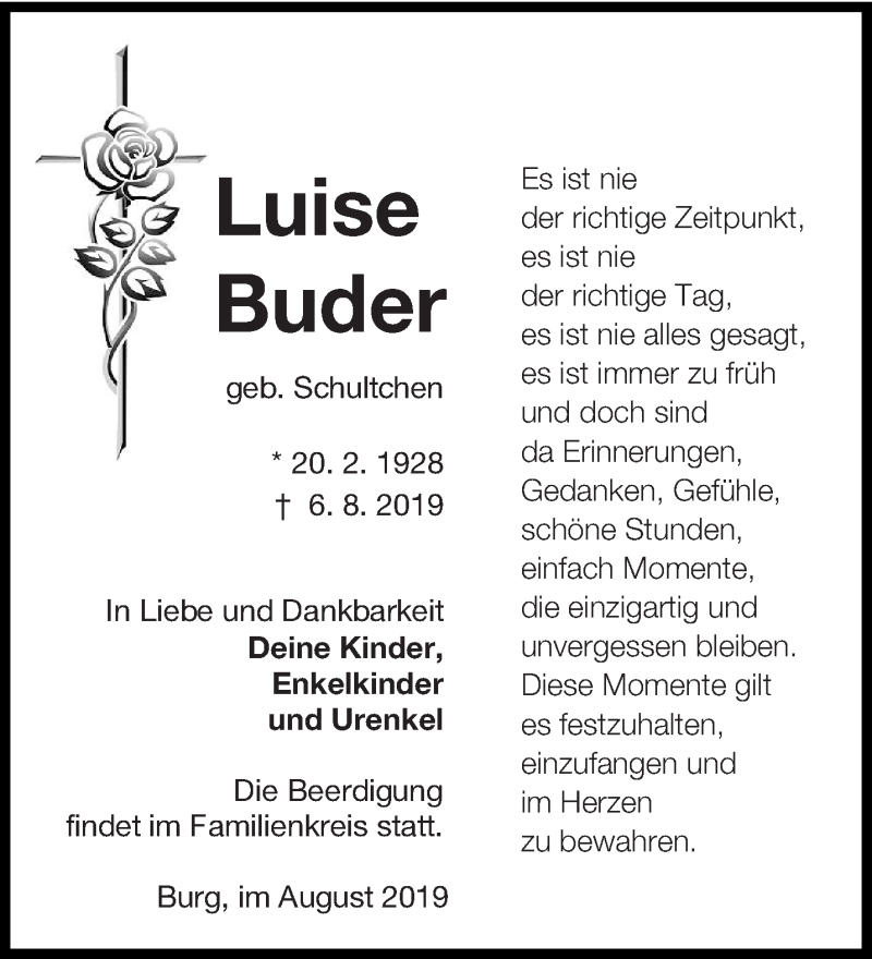  Traueranzeige für Luise Buder vom 10.08.2019 aus lausitzer_rundschau