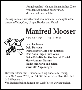 Traueranzeige von Manfred Mooser von lausitzer_rundschau