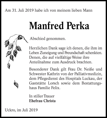 Traueranzeige von Manfred Perka von lausitzer_rundschau