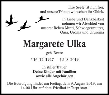 Traueranzeige von Margarete Ulka von lausitzer_rundschau