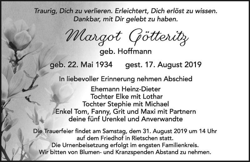  Traueranzeige für Margot Götteritz vom 24.08.2019 aus lausitzer_rundschau