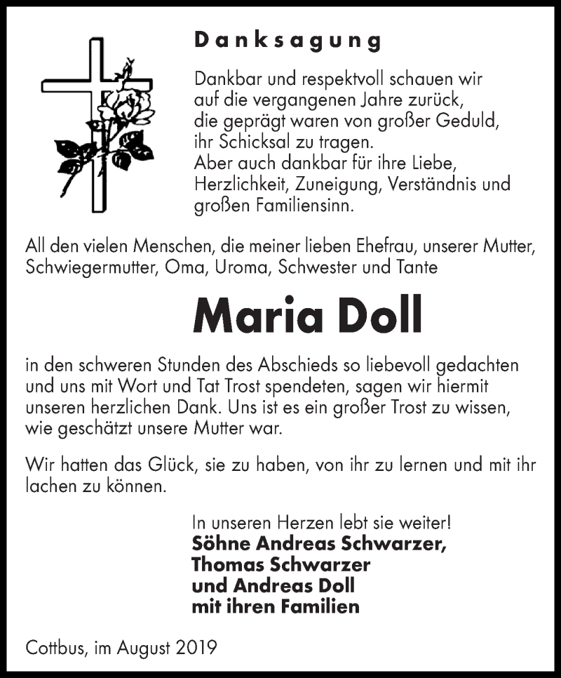  Traueranzeige für Maria Doll vom 10.08.2019 aus lausitzer_rundschau