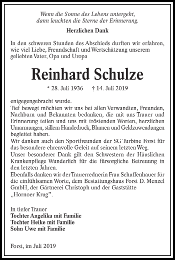 Traueranzeige von Reinhard Schulze von lausitzer_rundschau