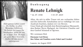 Traueranzeige von Renate Lehnigk von lausitzer_rundschau