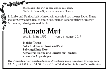 Traueranzeige von Renate Mut von lausitzer_rundschau