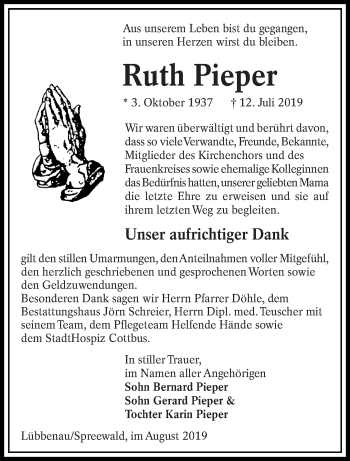Traueranzeige von Ruth Pieper von lausitzer_rundschau