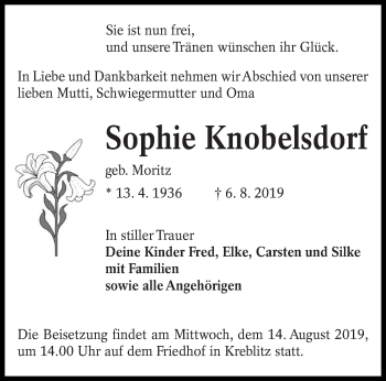 Traueranzeige von Sophie Knobelsdorf von lausitzer_rundschau
