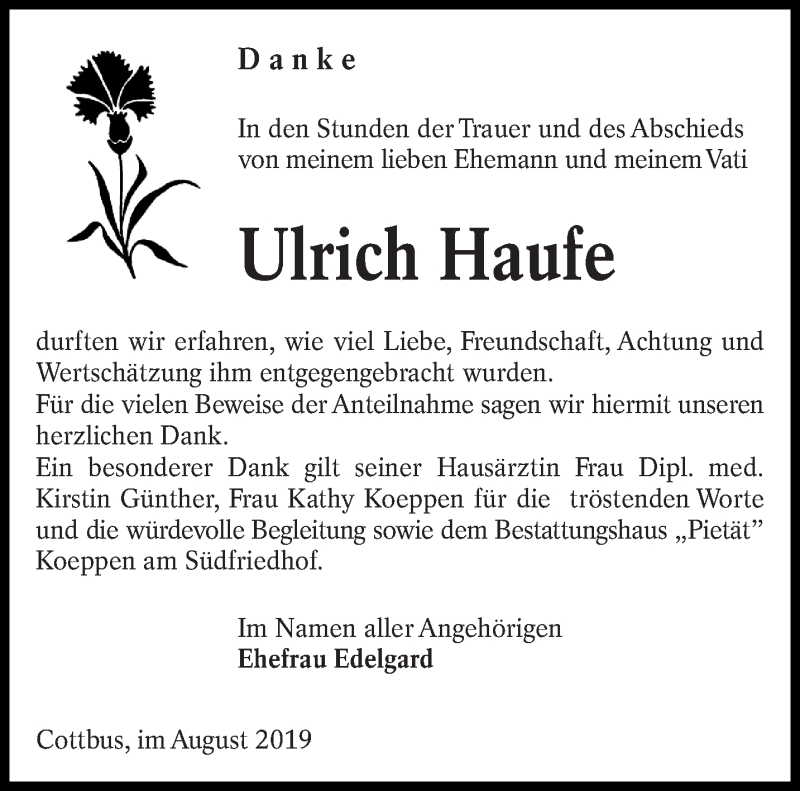  Traueranzeige für Ulrich Haufe vom 17.08.2019 aus lausitzer_rundschau