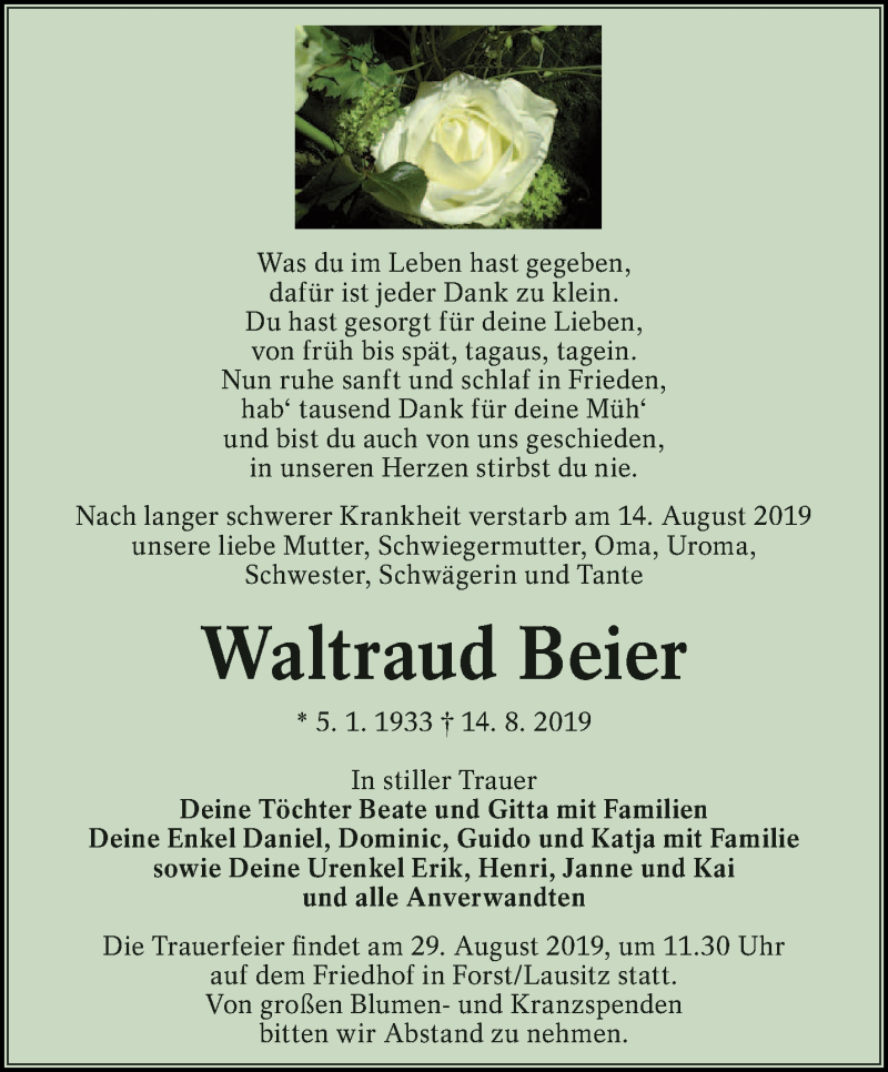  Traueranzeige für Waltraud Beier vom 24.08.2019 aus lausitzer_rundschau