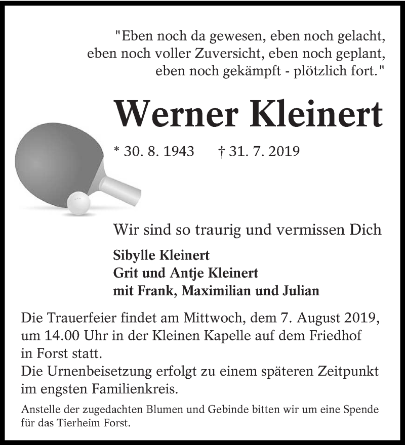  Traueranzeige für Werner Kleinert vom 03.08.2019 aus lausitzer_rundschau