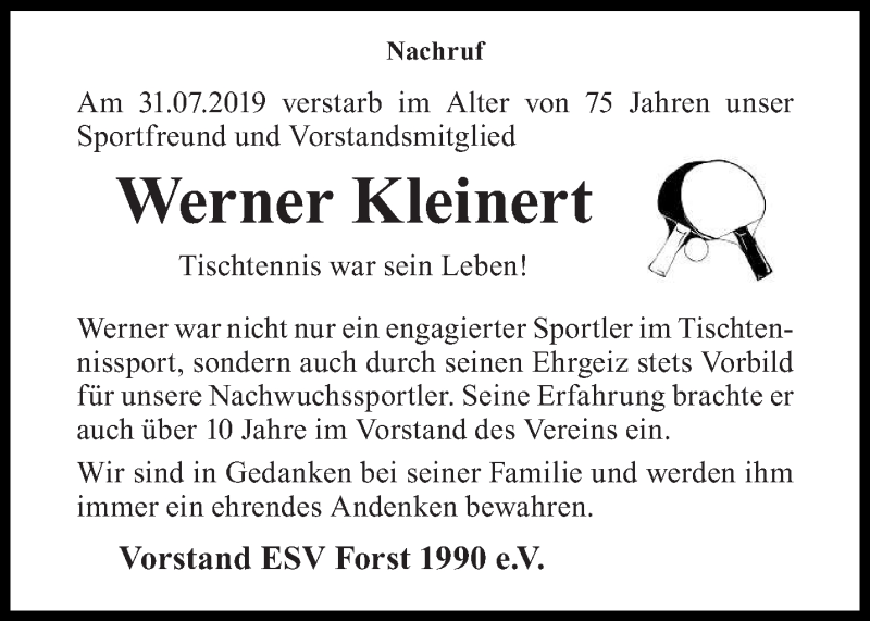  Traueranzeige für Werner Kleinert vom 10.08.2019 aus lausitzer_rundschau