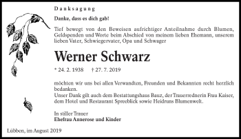Traueranzeige von Werner Schwarz von lausitzer_rundschau