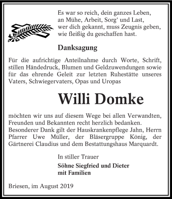 Traueranzeige von Willi Domke von lausitzer_rundschau