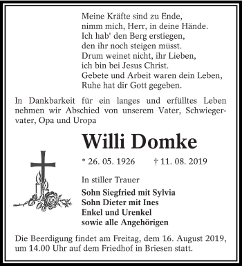 Traueranzeige von Willi Domke von lausitzer_rundschau