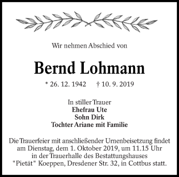 Traueranzeige von Bernd Lohmann von lausitzer_rundschau