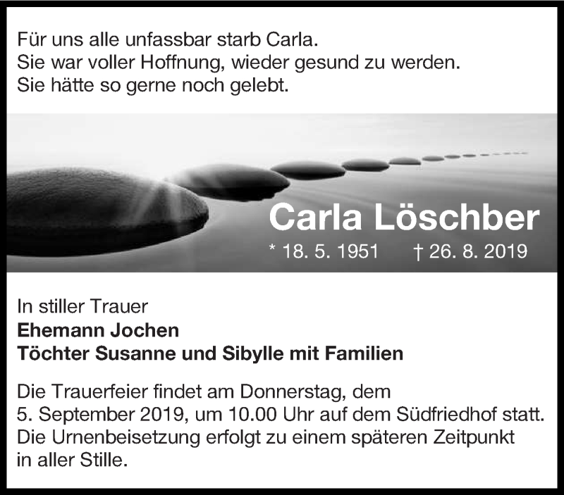  Traueranzeige für Carla Löschber vom 31.08.2019 aus lausitzer_rundschau