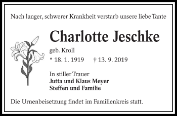 Traueranzeige von Charlotte Jeschke von lausitzer_rundschau