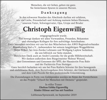 Traueranzeige von Christoph Eigenwillig von lausitzer_rundschau