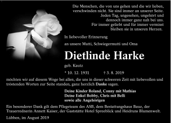 Traueranzeige von Dietlinde Harke von lausitzer_rundschau