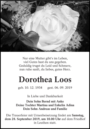 Traueranzeige von Dorothea Loos von lausitzer_rundschau