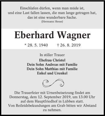 Traueranzeige von Eberhard Wagner von lausitzer_rundschau