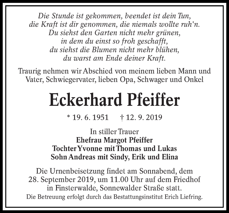  Traueranzeige für Eckerhard Pfeiffer vom 17.09.2019 aus lausitzer_rundschau