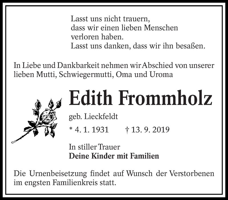  Traueranzeige für Edith Frommholz vom 21.09.2019 aus lausitzer_rundschau