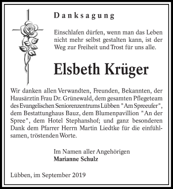 Traueranzeige von Elsbeth Krüger von lausitzer_rundschau