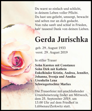 Traueranzeige von Gerda Jurischka von lausitzer_rundschau