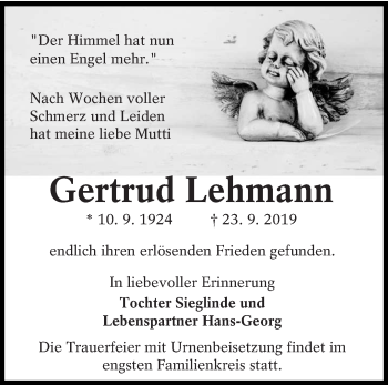 Traueranzeige von Gertrud Lehmann von lausitzer_rundschau