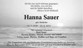 Traueranzeige von Hanna Sauer von lausitzer_rundschau
