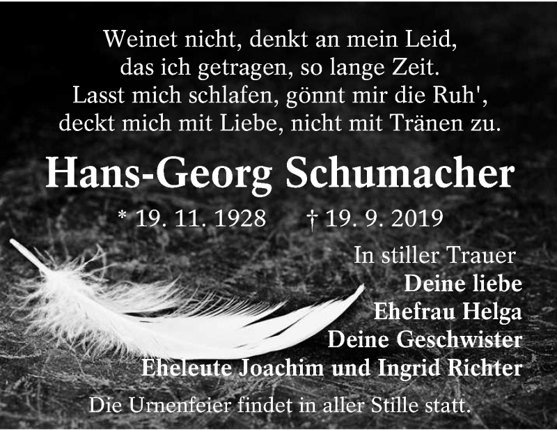  Traueranzeige für Hans-Georg Schumacher vom 26.09.2019 aus lausitzer_rundschau