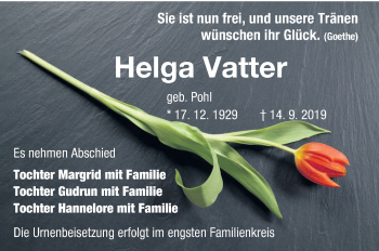 Traueranzeige von Helga Vatter von lausitzer_rundschau