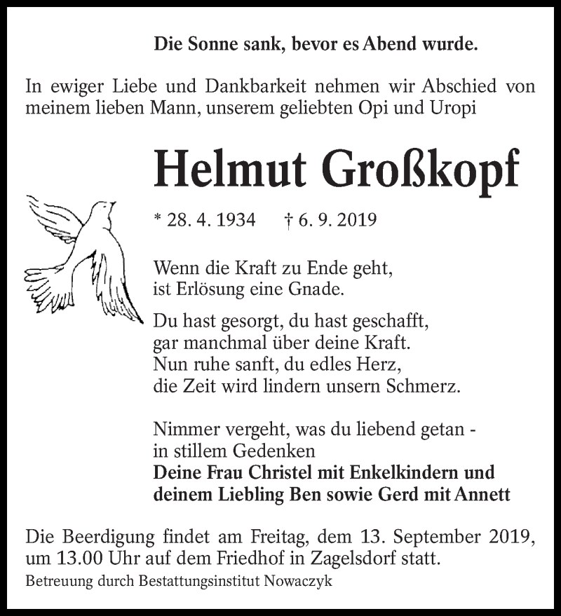  Traueranzeige für Helmut Großkopf vom 10.09.2019 aus lausitzer_rundschau