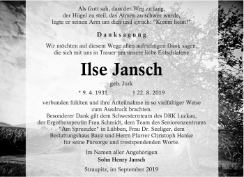 Traueranzeige von Ilse Jansch von lausitzer_rundschau