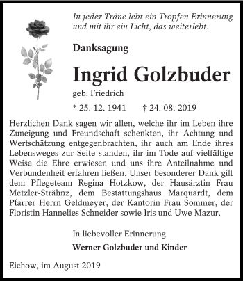 Traueranzeige von Ingrid Golzbuder von lausitzer_rundschau