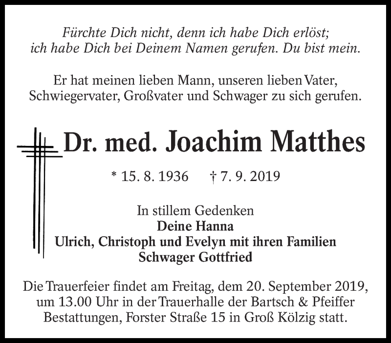  Traueranzeige für Joachim Matthes vom 14.09.2019 aus lausitzer_rundschau