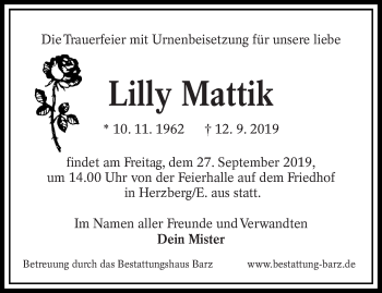 Traueranzeige von Lilly Mattik von lausitzer_rundschau