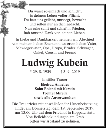 Traueranzeige von Ludwig  Kubein von lausitzer_rundschau
